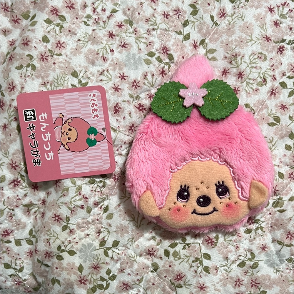 Sakura Monchhichi(girl) Character Coin Purse with Sakura Leaf Accent